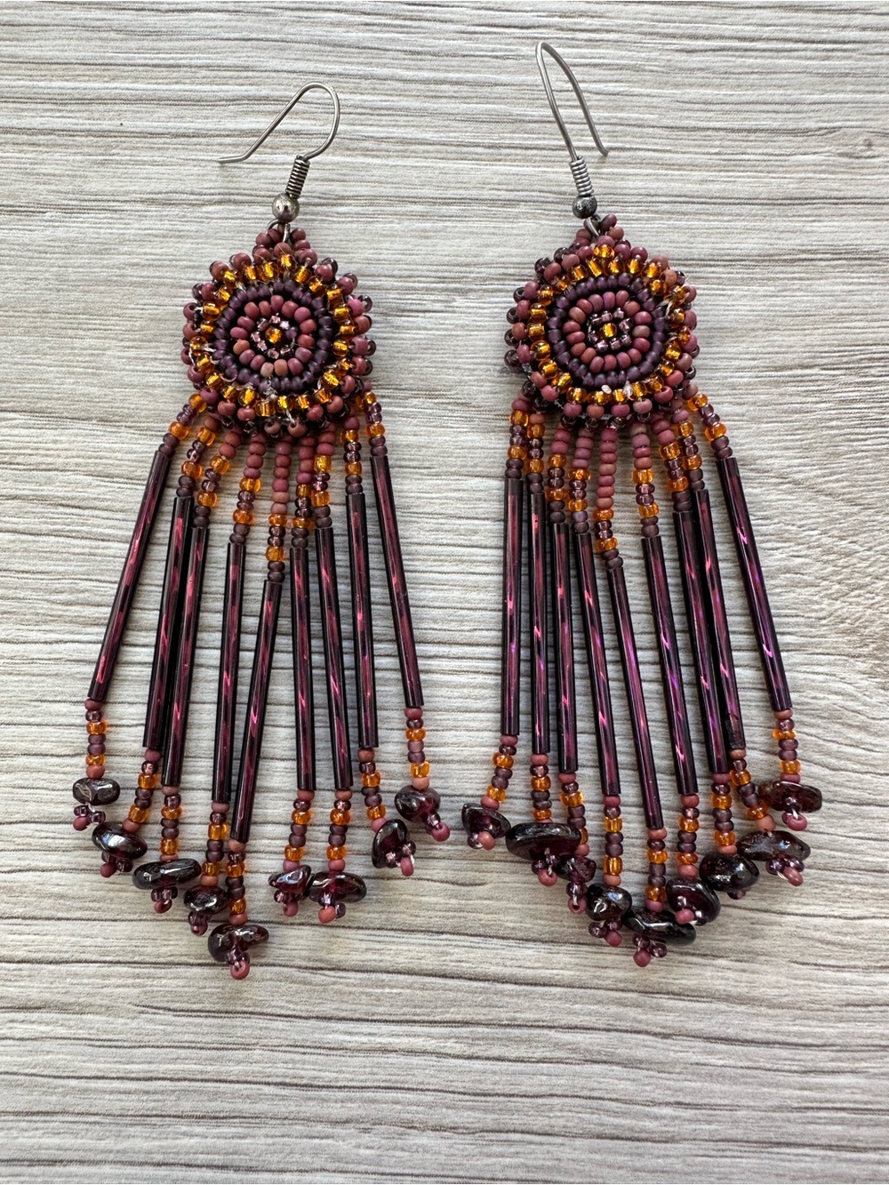 Handmade Beaded Mandala Fringe Earrings - Plum & Garnet 3.5” Glass Beads Stone